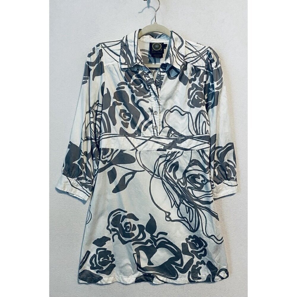 Debbie Shuchat Shirt Dress Womens 6 White Gray Floral Lightweight Cotton Y2K